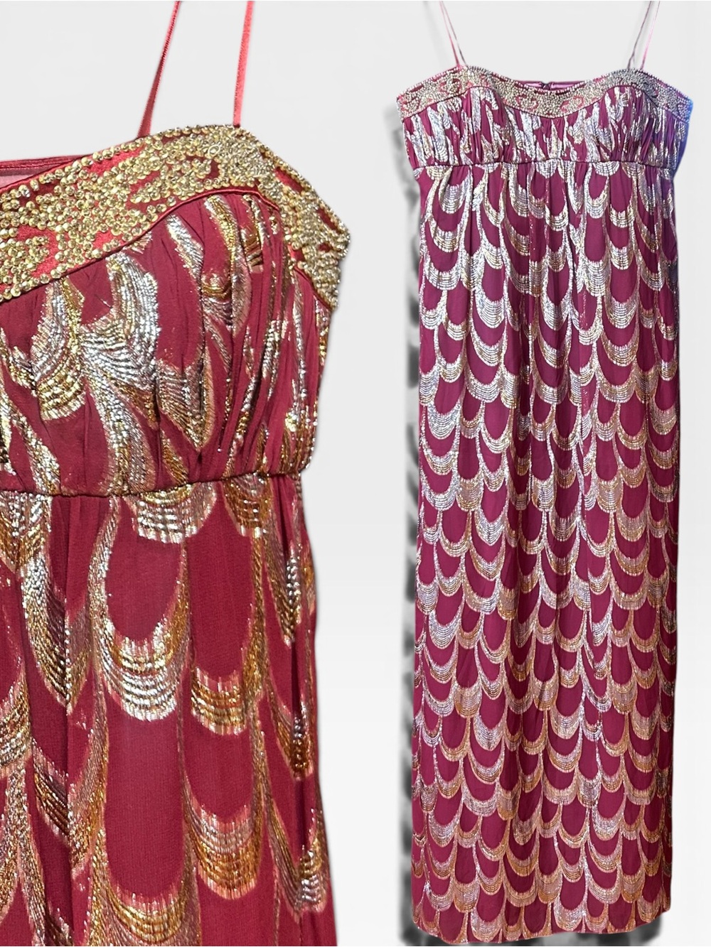 Aidan Mattox Burgundy Metallic-Trim Maxi Dress size 12 beaded evening gown